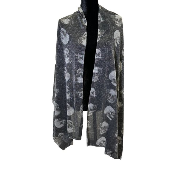 Unbranded Scarf Womens Long Rectangle Black Silver Skulls Halloween Shimmer - Picture 2 of 8